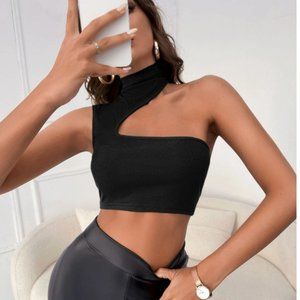 Black One-Shoulder Crop Cutout Top (NWOT)